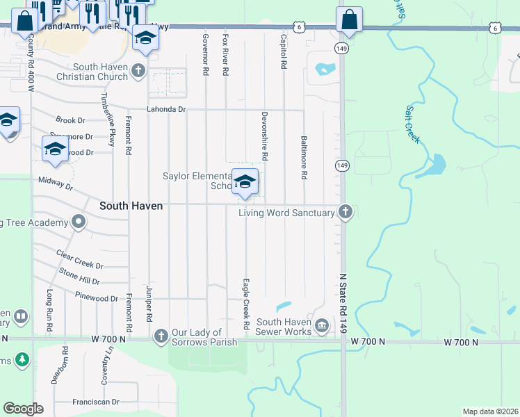 map of restaurants, bars, coffee shops, grocery stores, and more near 328 Midway Drive in Valparaiso