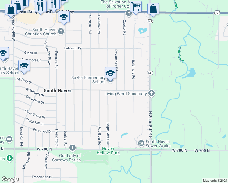 map of restaurants, bars, coffee shops, grocery stores, and more near 328 Midway Drive in Valparaiso