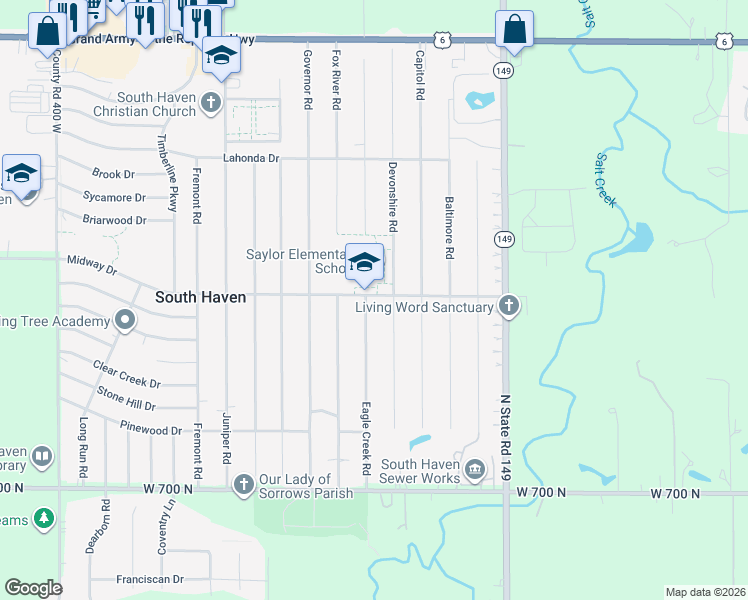 map of restaurants, bars, coffee shops, grocery stores, and more near 333-335 Midway Drive in Valparaiso