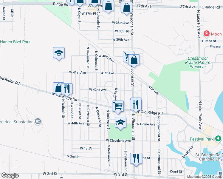 map of restaurants, bars, coffee shops, grocery stores, and more near 1012 West 42nd Avenue in Hobart