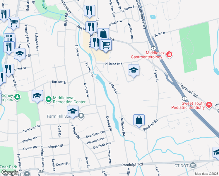 map of restaurants, bars, coffee shops, grocery stores, and more near 548 East Main Street in Middletown