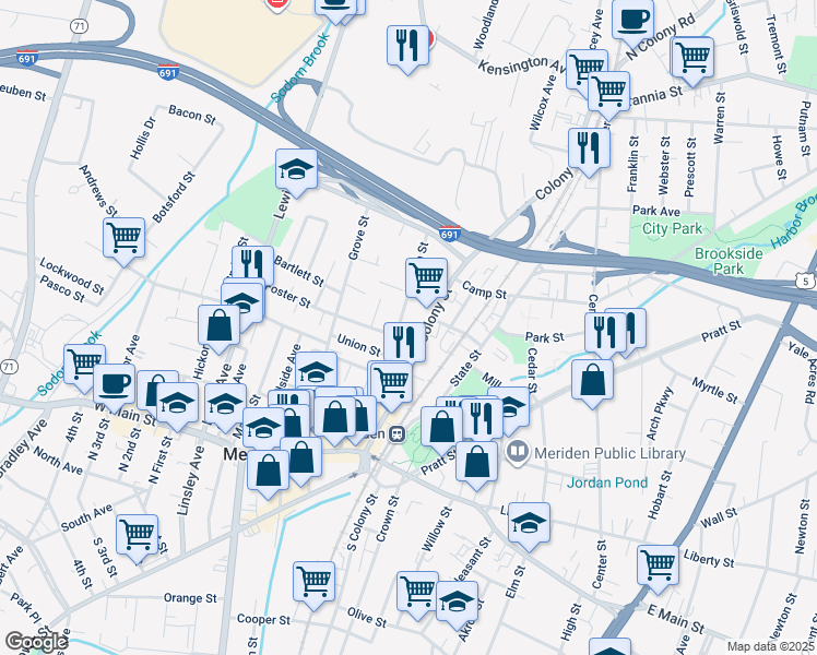map of restaurants, bars, coffee shops, grocery stores, and more near 81 Lincoln Street in Meriden