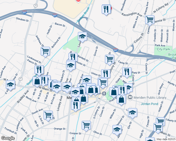 map of restaurants, bars, coffee shops, grocery stores, and more near 222 Grove Street in Meriden