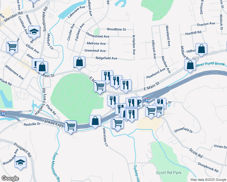 map of restaurants, bars, coffee shops, grocery stores, and more near 111 Blanchard Street in Waterbury