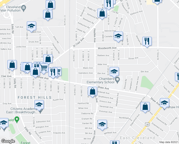 map of restaurants, bars, coffee shops, grocery stores, and more near 13521 Mann Avenue in East Cleveland