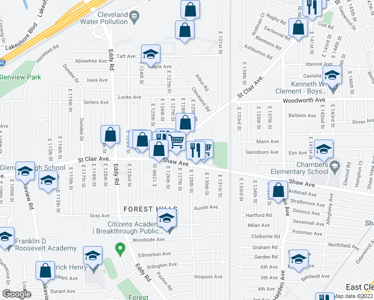 map of restaurants, bars, coffee shops, grocery stores, and more near 12615 Saint Clair Avenue in Cleveland