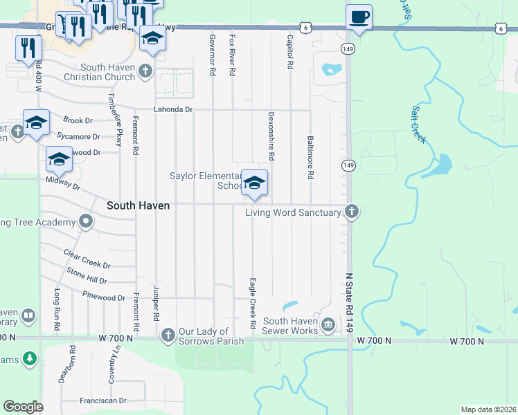 map of restaurants, bars, coffee shops, grocery stores, and more near 333-335 Midway Drive in Valparaiso