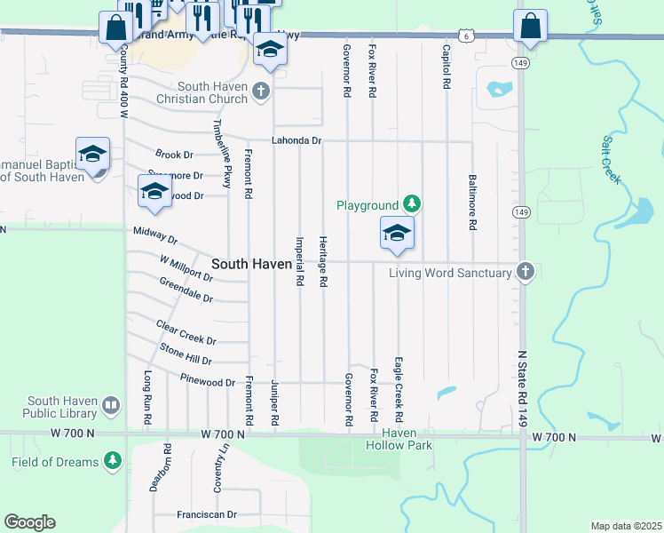 map of restaurants, bars, coffee shops, grocery stores, and more near 741 Heritage Road in Valparaiso