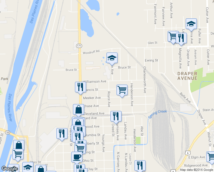 map of restaurants, bars, coffee shops, grocery stores, and more near 960 Royce Avenue in Joliet