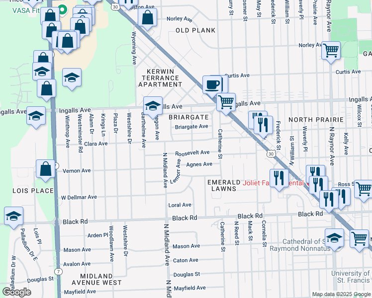 map of restaurants, bars, coffee shops, grocery stores, and more near 1309 Clara Avenue in Joliet