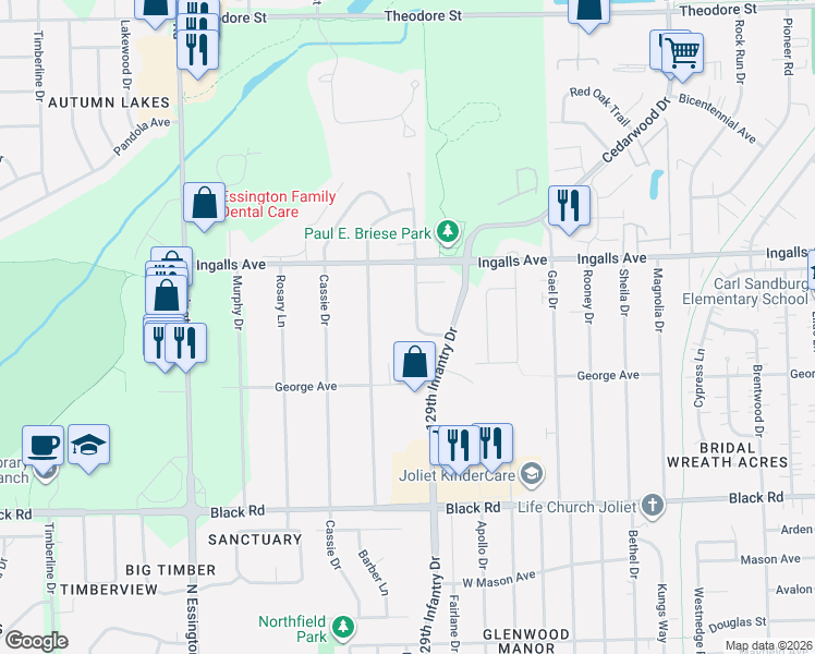 map of restaurants, bars, coffee shops, grocery stores, and more near 1105 Rock Springs Drive in Joliet