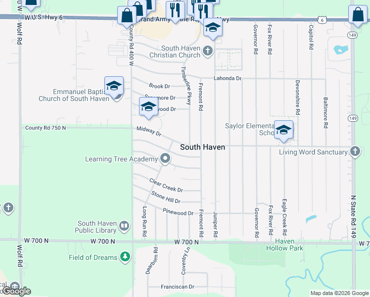 map of restaurants, bars, coffee shops, grocery stores, and more near 375-389 Midway Drive in Valparaiso