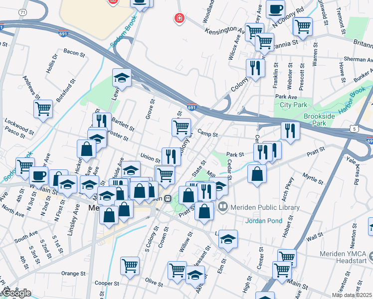 map of restaurants, bars, coffee shops, grocery stores, and more near 183 Colony Street in Meriden