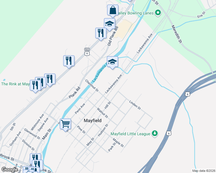 map of restaurants, bars, coffee shops, grocery stores, and more near 601 Linden St in Mayfield