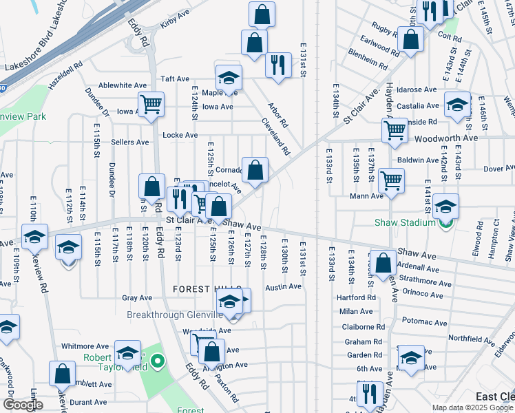 map of restaurants, bars, coffee shops, grocery stores, and more near 562 East 128th Street in Cleveland