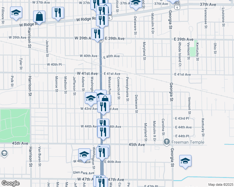 map of restaurants, bars, coffee shops, grocery stores, and more near 4210 Connecticut Street in Gary