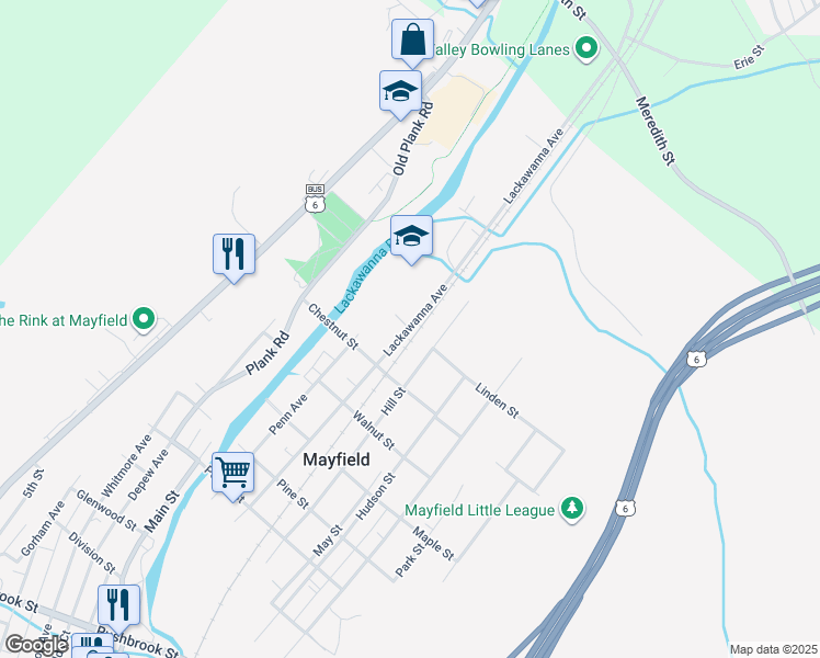 map of restaurants, bars, coffee shops, grocery stores, and more near 501 Linden Street in Mayfield