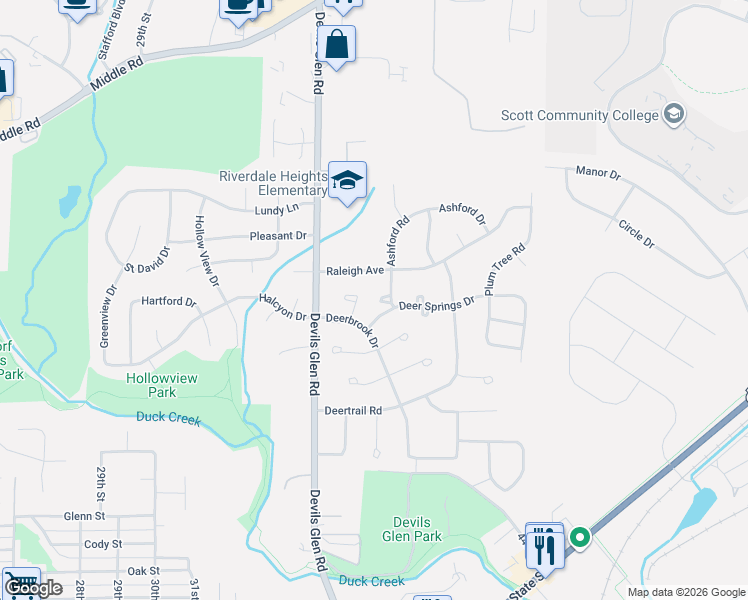 map of restaurants, bars, coffee shops, grocery stores, and more near 1945 Burr Oak Place in Bettendorf