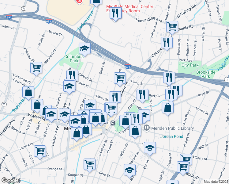 map of restaurants, bars, coffee shops, grocery stores, and more near 81 Lincoln Street in Meriden