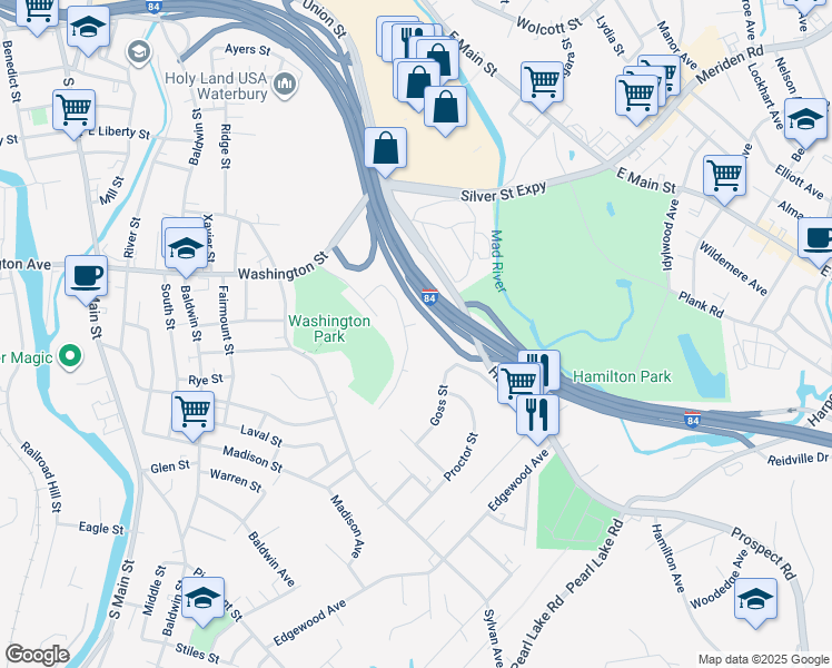 map of restaurants, bars, coffee shops, grocery stores, and more near 51 Saint Margaret Avenue in Waterbury