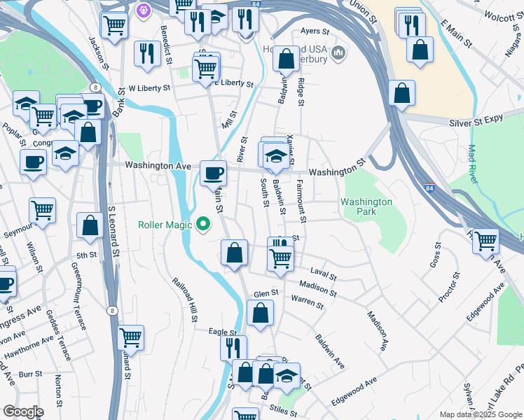 map of restaurants, bars, coffee shops, grocery stores, and more near 48 South Street in Waterbury