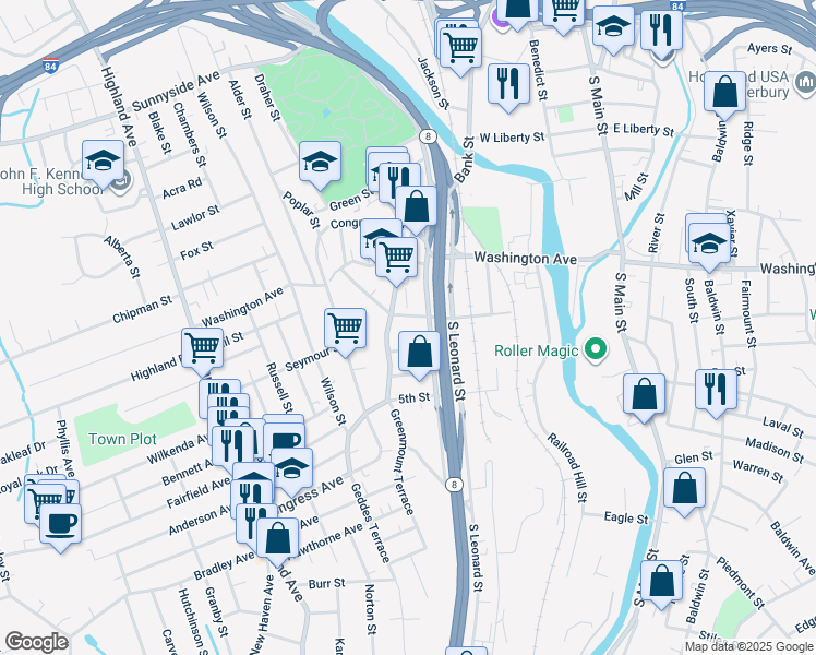 map of restaurants, bars, coffee shops, grocery stores, and more near 50 Charles Street in Waterbury