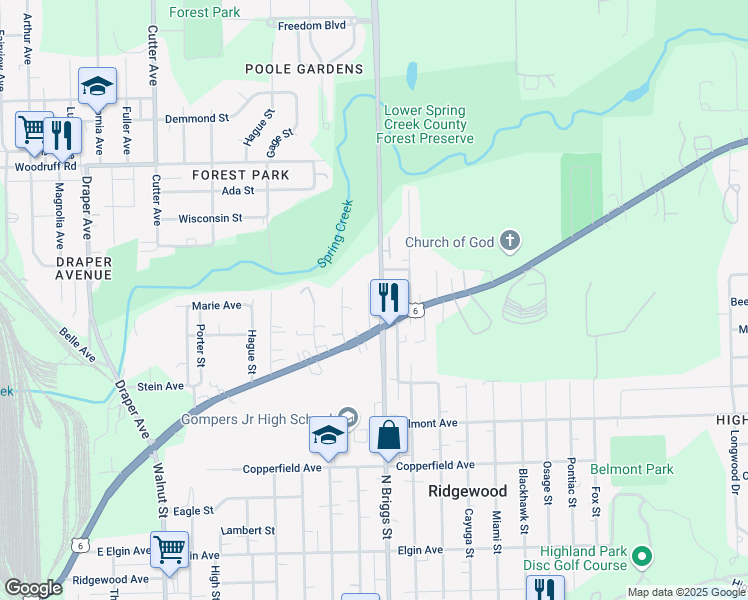 map of restaurants, bars, coffee shops, grocery stores, and more near 922 Jeffrey Avenue in Joliet