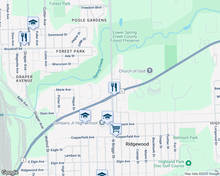 map of restaurants, bars, coffee shops, grocery stores, and more near 922 Jeffrey Avenue in Joliet