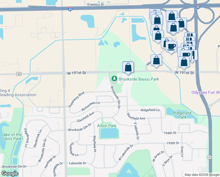 map of restaurants, bars, coffee shops, grocery stores, and more near 7710 Greenway Boulevard in Tinley Park