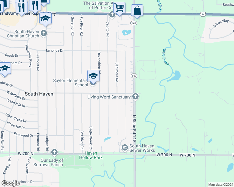 map of restaurants, bars, coffee shops, grocery stores, and more near 737 Baltimore Road in Valparaiso