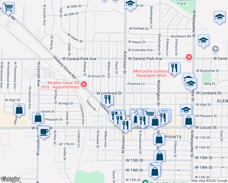 map of restaurants, bars, coffee shops, grocery stores, and more near 2221 Wilkes Avenue in Davenport