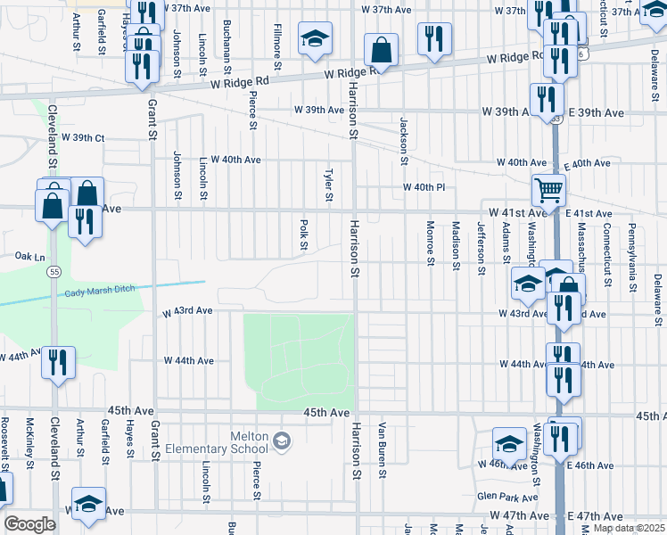 map of restaurants, bars, coffee shops, grocery stores, and more near 4201 Tyler Street in Gary