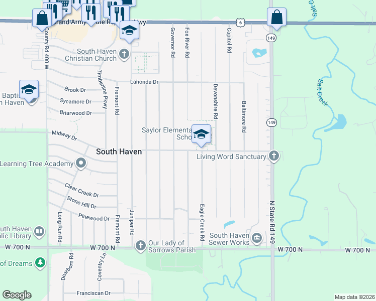 map of restaurants, bars, coffee shops, grocery stores, and more near 335 Midway Drive in Valparaiso