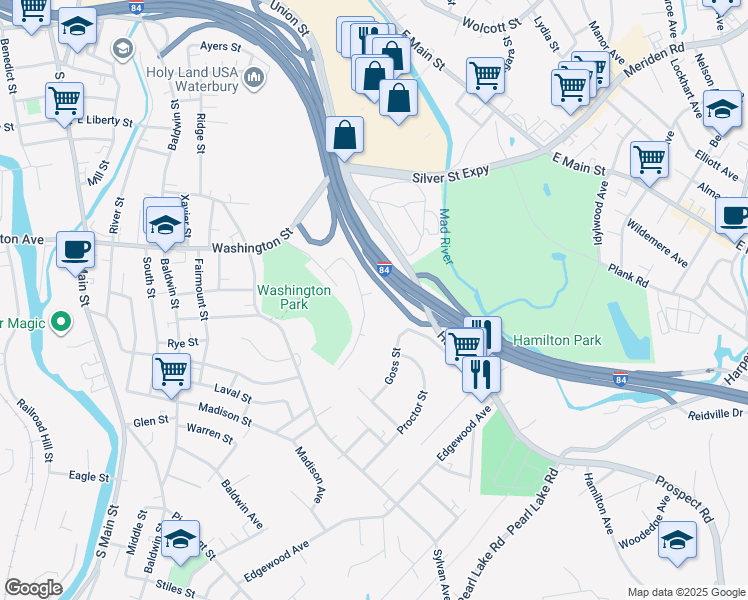 map of restaurants, bars, coffee shops, grocery stores, and more near 51 Saint Margaret Avenue in Waterbury