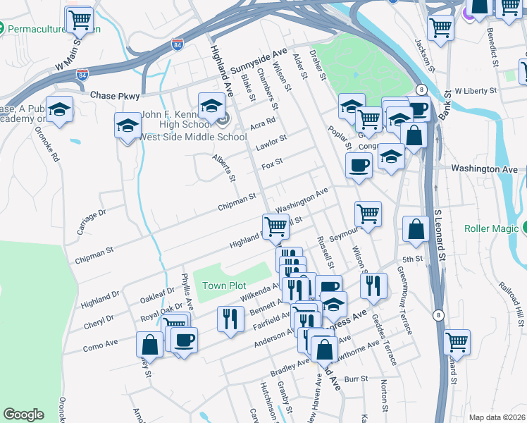 map of restaurants, bars, coffee shops, grocery stores, and more near 561 Highland Avenue in Waterbury