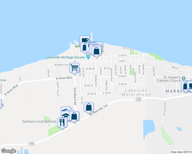 map of restaurants, bars, coffee shops, grocery stores, and more near 200 West 5th Street in Lakeside Marblehead