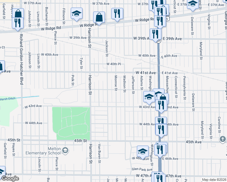map of restaurants, bars, coffee shops, grocery stores, and more near 450 West 42nd Avenue in Gary