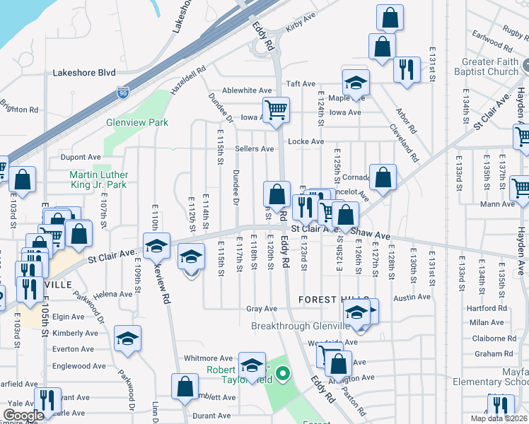 map of restaurants, bars, coffee shops, grocery stores, and more near 536 Eddy Road in Cleveland