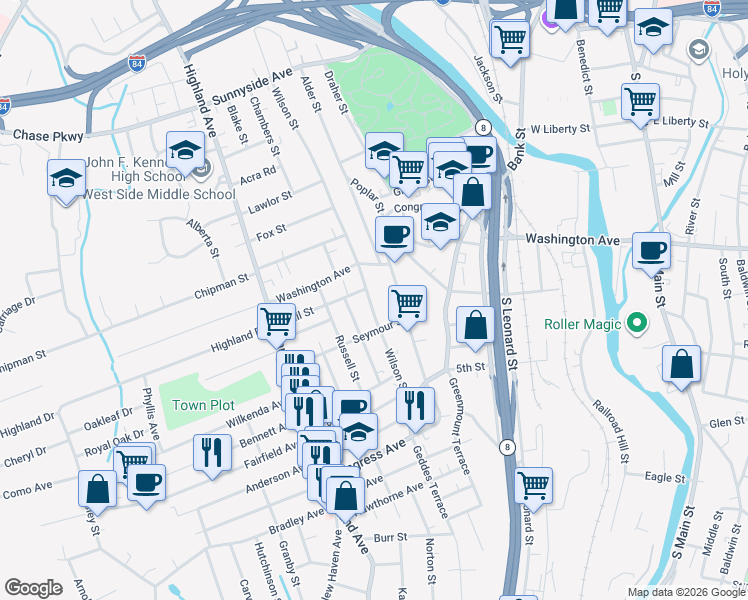 map of restaurants, bars, coffee shops, grocery stores, and more near 557 Wilson Street in Waterbury