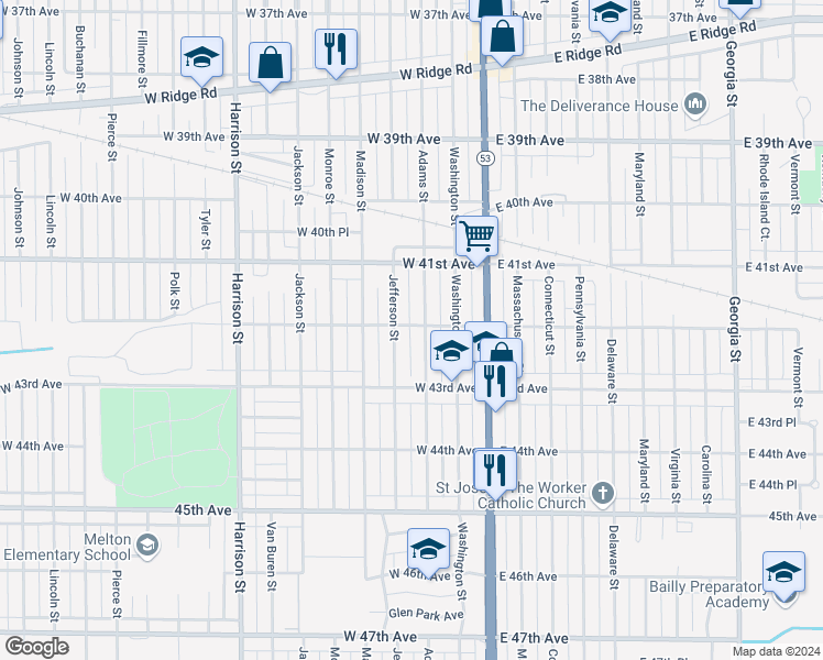 map of restaurants, bars, coffee shops, grocery stores, and more near 209 West 42nd Avenue in Gary