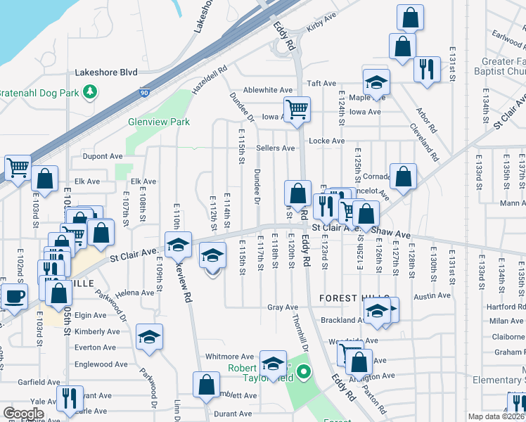 map of restaurants, bars, coffee shops, grocery stores, and more near 557 East 117th Street in Cleveland