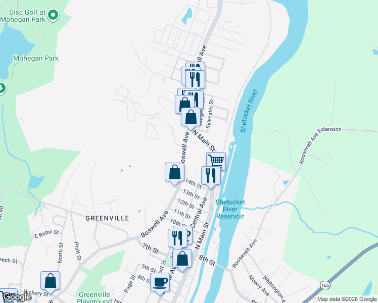 map of restaurants, bars, coffee shops, grocery stores, and more near 742 North Main Street in Norwich