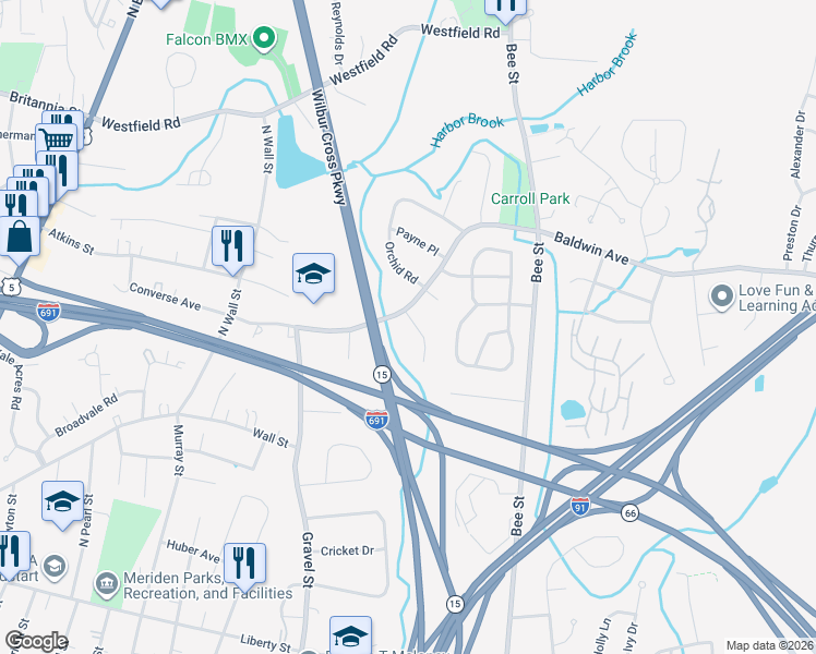 map of restaurants, bars, coffee shops, grocery stores, and more near 6 Bret Drive in Meriden