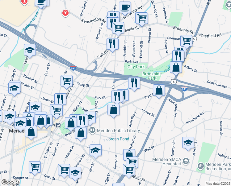 map of restaurants, bars, coffee shops, grocery stores, and more near 311 Center Street in Meriden