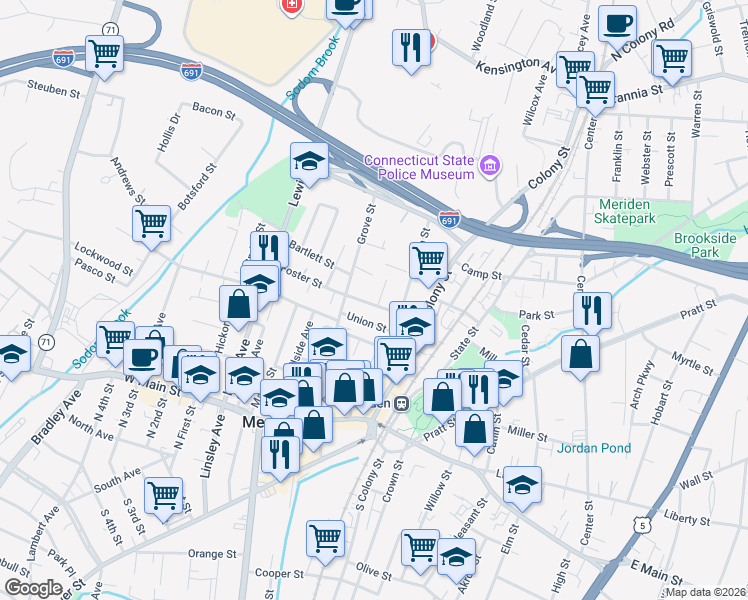 map of restaurants, bars, coffee shops, grocery stores, and more near 20 Lincoln Court in Meriden