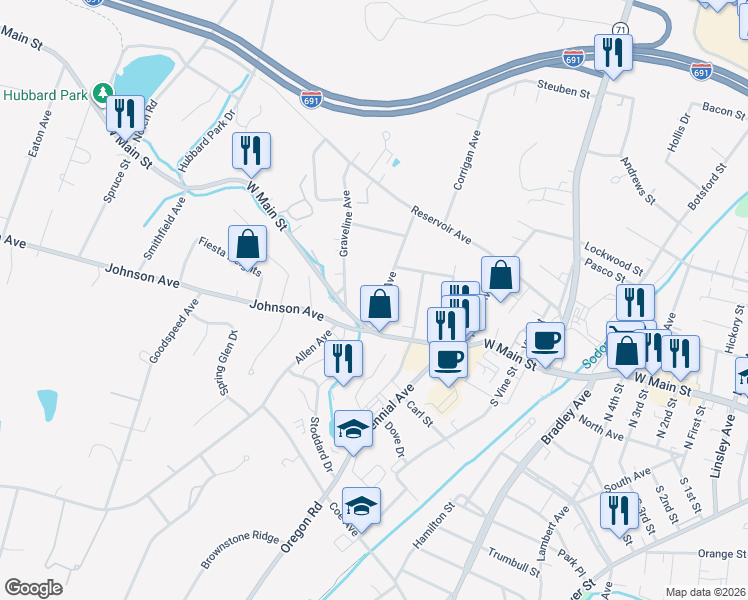 map of restaurants, bars, coffee shops, grocery stores, and more near 657 West Main Street in Meriden