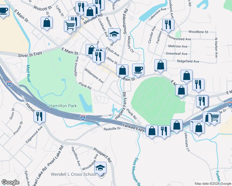 map of restaurants, bars, coffee shops, grocery stores, and more near 68 Brookdale Lane in Waterbury