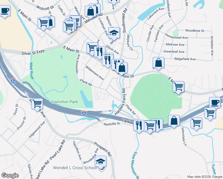 map of restaurants, bars, coffee shops, grocery stores, and more near 64 White Oak Lane in Waterbury