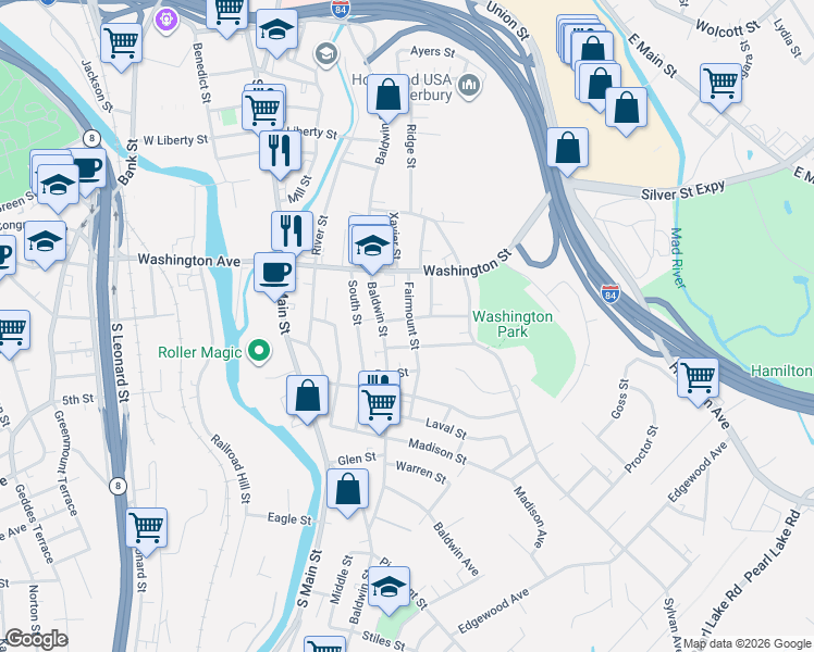 map of restaurants, bars, coffee shops, grocery stores, and more near 41 Keefe Street in Waterbury