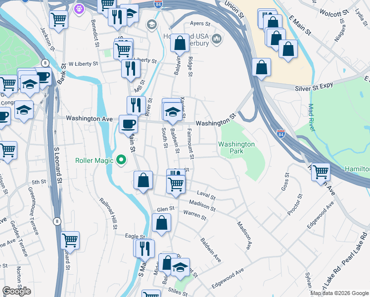 map of restaurants, bars, coffee shops, grocery stores, and more near 757 Baldwin Street in Waterbury